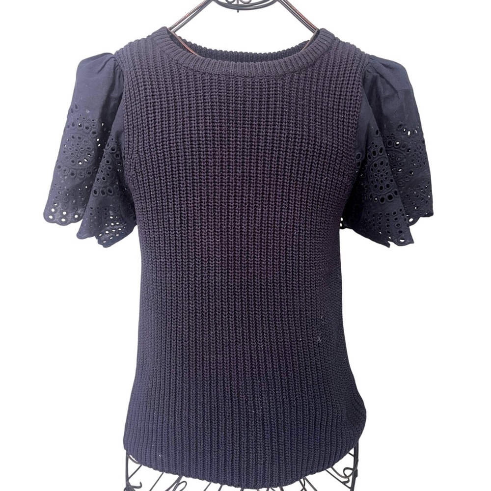 Lilla P Mixed Media Knit Sweater Eyelet Flutter Sleeve Navy Blue Top Womens Sz M